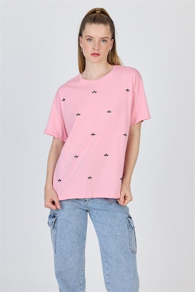 Pembe Yazı Baskılı %100 Pamuk Oversize Tişört 2150-18M