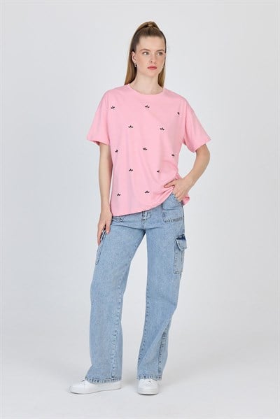 Pembe Yazı Baskılı %100 Pamuk Oversize Tişört 2150-18M
