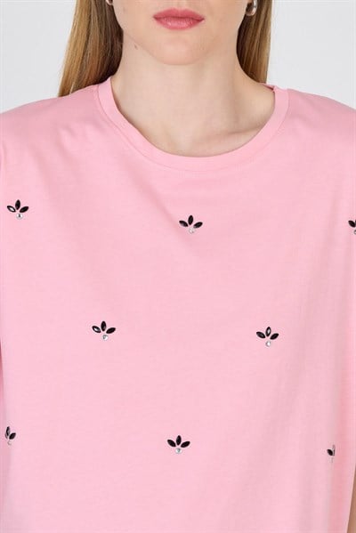 Pembe Yazı Baskılı %100 Pamuk Oversize Tişört 2150-18M