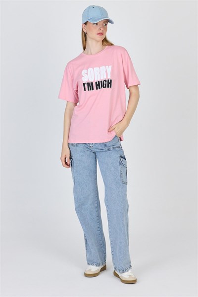 Pembe Yazı Baskılı %100 Pamuk Oversize Tişört 2150-7M