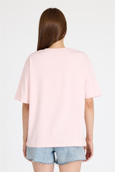 Pudra Bisiklet Yaka Yazı Baskılı Oversize Tişört 5832
