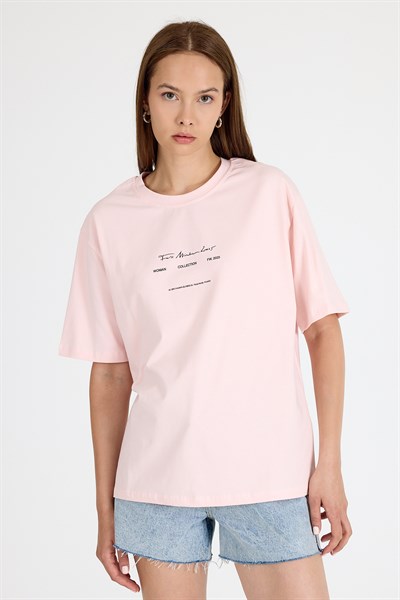 Pudra Bisiklet Yaka Yazı Baskılı Oversize Tişört 5832