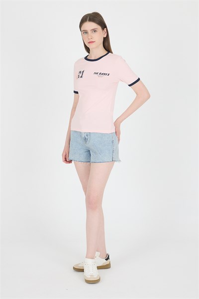 Pudra Ribanalı Yazı Baskılı Slim Fit Tişört 5981