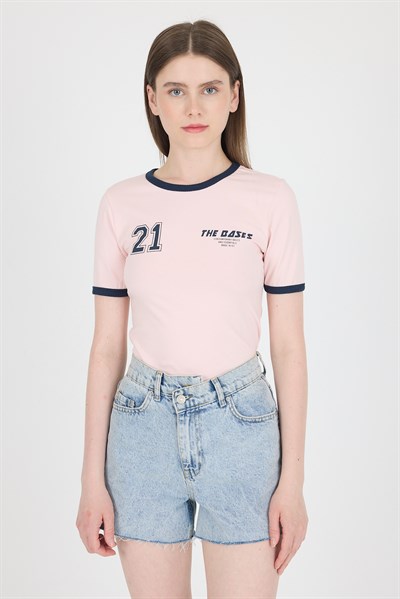 Pudra Ribanalı Yazı Baskılı Slim Fit Tişört 5981