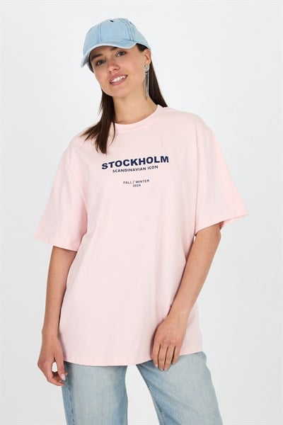 Pudra Yazı Baskılı Bisiklet Yaka Oversize Tişört 6056