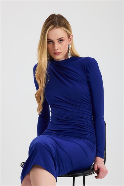 Saks Bel Büzgü Detay Elbise 3686