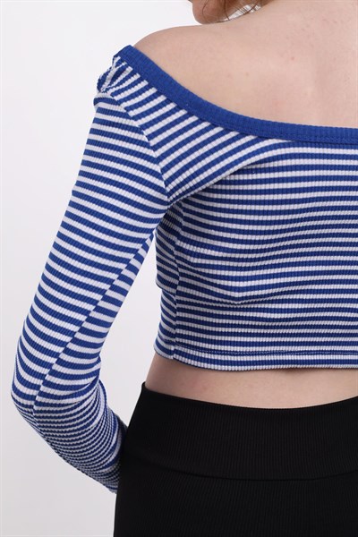 Saks Kare Yaka Çizgili Crop Bluz 9904