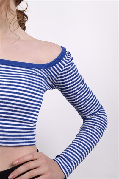 Saks Kare Yaka Çizgili Crop Bluz 9904