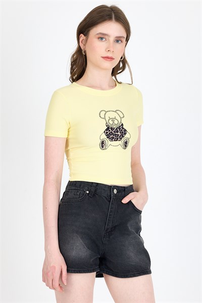 Sarı Ayıcık Baskılı Leopar Detaylı Slim Fit Crop Tişört 0549