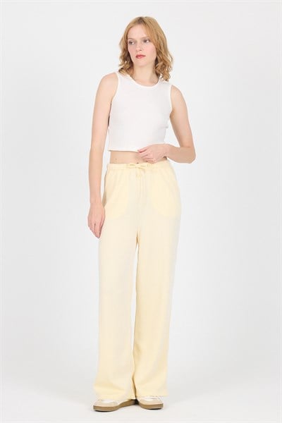 Sarı Beli Lastikli Çizgili Geniş Paça Dokuma Pantolon 4098