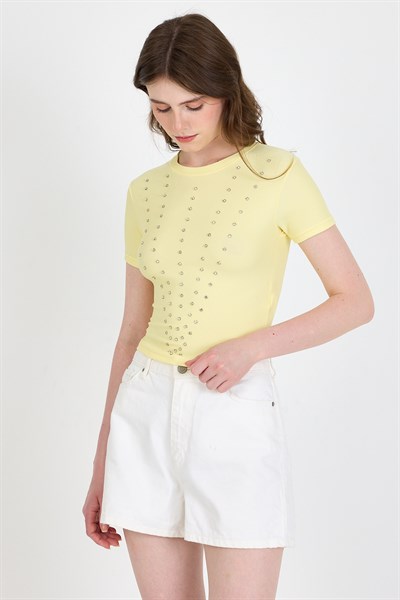 Sarı Bisiklet Yaka Taş İşleme Detaylı Slim Fit Crop Tişört 1149