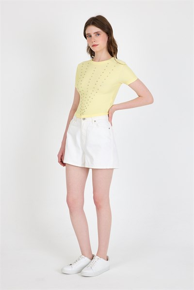 Sarı Bisiklet Yaka Taş İşleme Detaylı Slim Fit Crop Tişört 1149