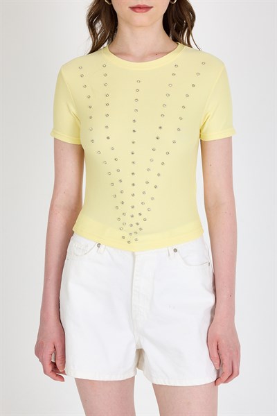 Sarı Bisiklet Yaka Taş İşleme Detaylı Slim Fit Crop Tişört 1149