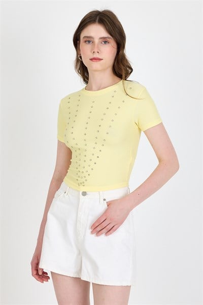 Sarı Bisiklet Yaka Taş İşleme Detaylı Slim Fit Crop Tişört 1149
