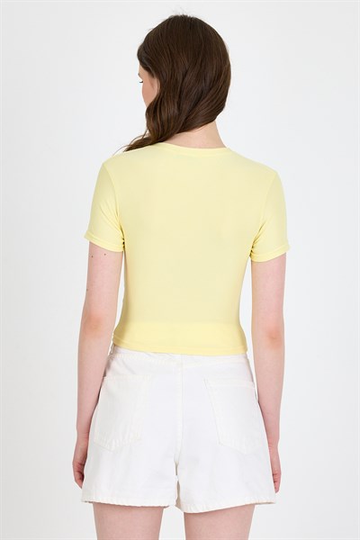 Sarı Bisiklet Yaka Taş İşleme Detaylı Slim Fit Crop Tişört 1149