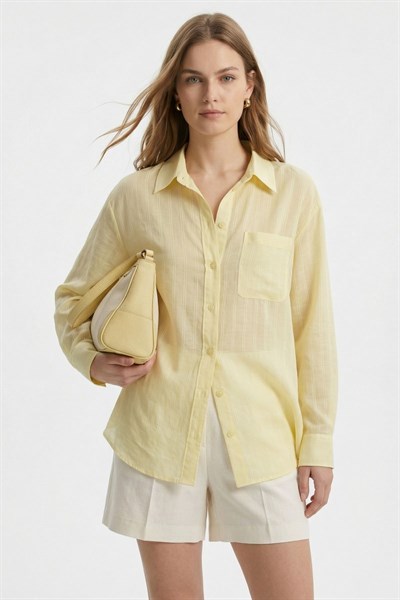 Sarı Cepli Çizgili Oversize Gömlek 5449
