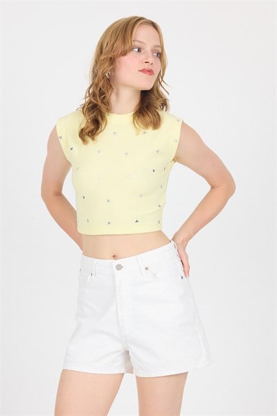 Sarı Gümüş Kalp Detaylı Crop Tişört 2499