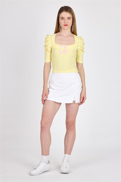 Sarı Kare Yaka Fiyonk Detaylı Crop Bluz 1349