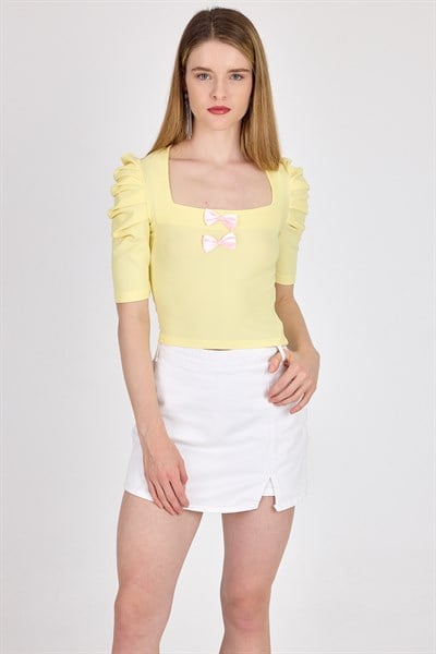 Sarı Kare Yaka Fiyonk Detaylı Crop Bluz 1349