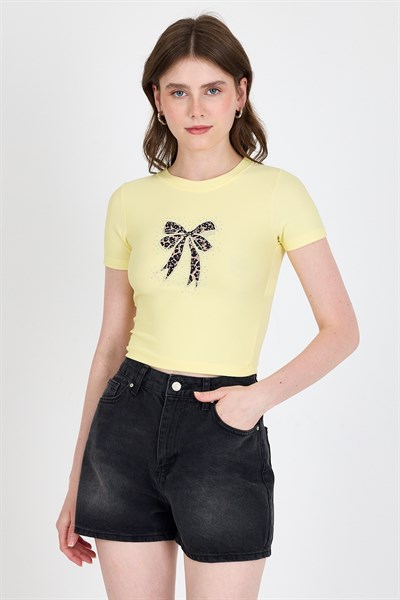 Sarı Leopar Fiyonk Baskılı Taş Detaylı Slim Fit Crop Tişört 0549-1
