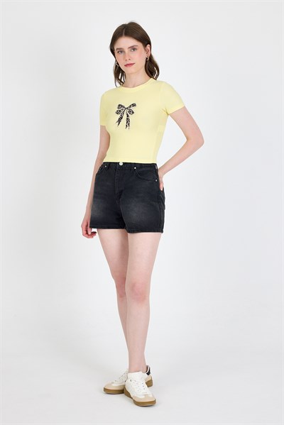 Sarı Leopar Fiyonk Baskılı Taş Detaylı Slim Fit Crop Tişört 0549-1