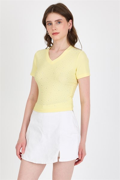 Sarı Taş İşleme Detaylı V Yaka Slim Fit Tişört 0949