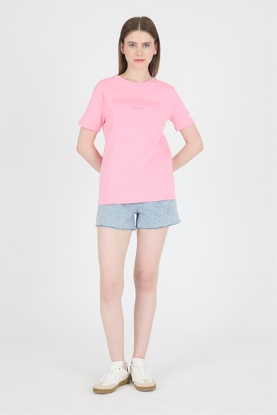 Şeker Pembe Kabartma Yazılı Relaxed Fit Tişört 25209