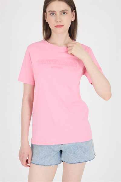 Şeker Pembe Kabartma Yazılı Relaxed Fit Tişört 25209