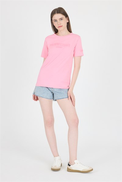 Şeker Pembe Kabartma Yazılı Relaxed Fit Tişört 25209