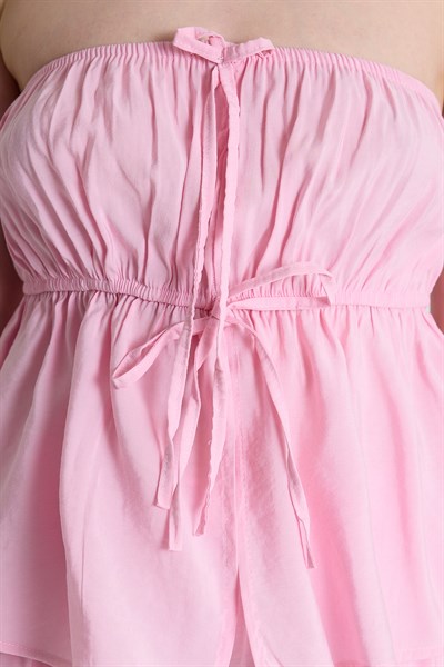 Şeker Pembe Mavi Straplez Bluz ve Geniş Paça Pantolon İkili Takım 5236