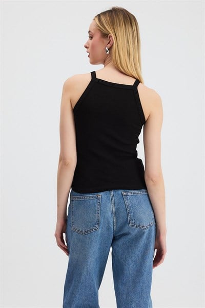 Siyah -1121 Sıfır Kol Fitilli Halter Yaka Basic Atlet