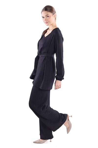 Siyah 3lü Kimono Bluz Pantolon Takım 7002