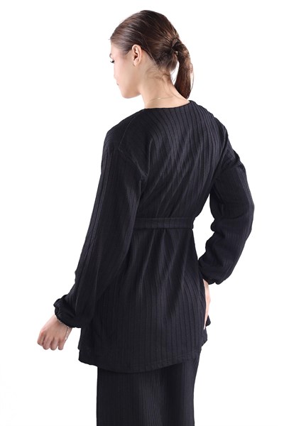 Siyah 3lü Kimono Bluz Pantolon Takım 7002