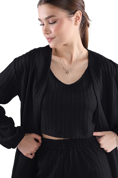 Siyah 3lü Kimono Bluz Pantolon Takım 7002