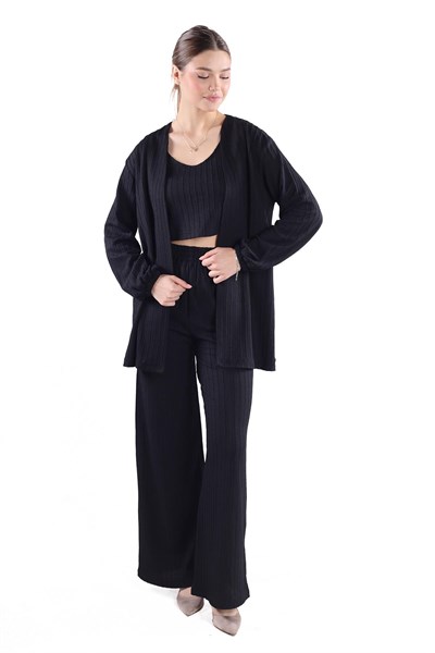 Siyah 3lü Kimono Bluz Pantolon Takım 7002