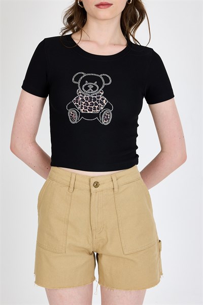 Siyah Ayıcık Baskılı Leopar Detaylı Slim Fit Crop Tişört 0549