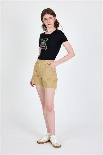 Siyah Ayıcık Baskılı Leopar Detaylı Slim Fit Crop Tişört 0549