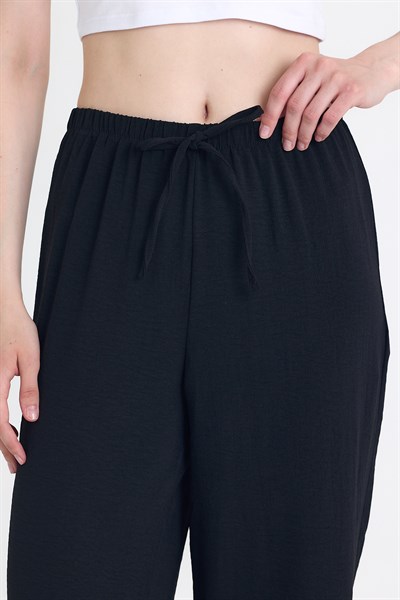 Siyah Beli Lastikli Bol Paça Dokuma Pantolon 4284-1