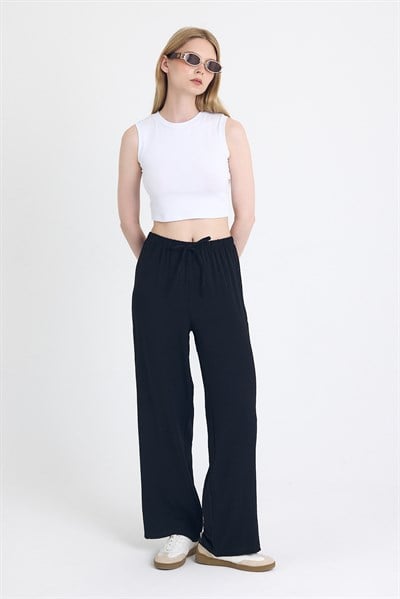 Siyah Beli Lastikli Bol Paça Dokuma Pantolon 4284-1