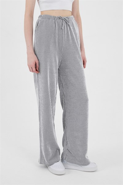 Siyah Beli Lastikli Çizgili Geniş Paça Dokuma Pantolon 4098