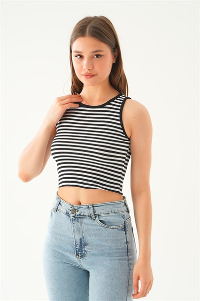 Siyah Beyaz  Fitilli Crop Kadın Atlet 1312