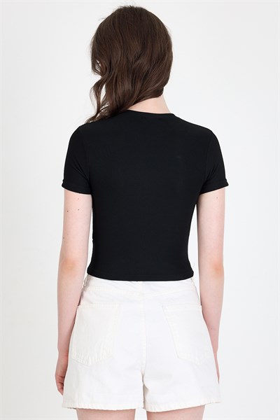 Siyah Bisiklet Yaka Taş İşleme Detaylı Slim Fit Crop Tişört 1149