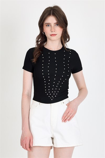 Siyah Bisiklet Yaka Taş İşleme Detaylı Slim Fit Crop Tişört 1149