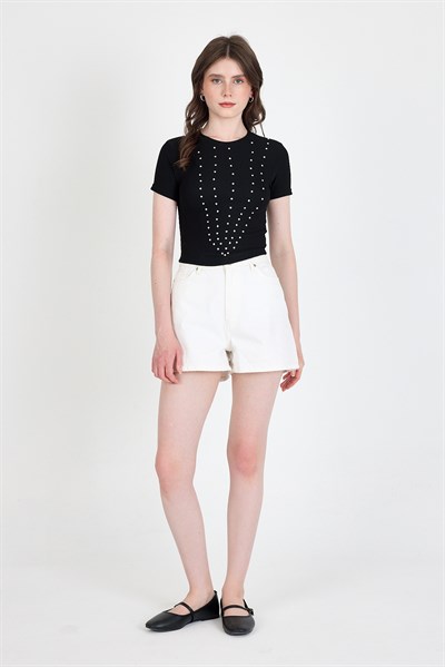 Siyah Bisiklet Yaka Taş İşleme Detaylı Slim Fit Crop Tişört 1149