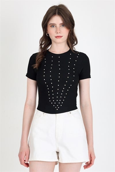 Siyah Bisiklet Yaka Taş İşleme Detaylı Slim Fit Crop Tişört 1149