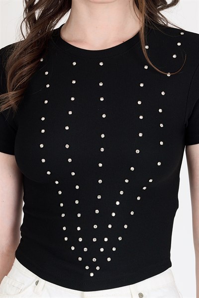 Siyah Bisiklet Yaka Taş İşleme Detaylı Slim Fit Crop Tişört 1149