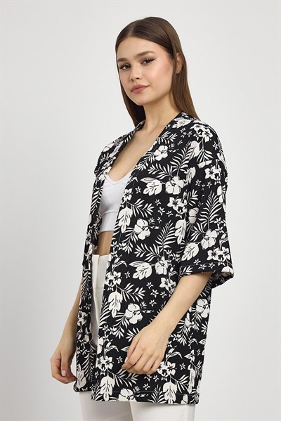 Siyah Çiçek Desen Fakir Kol Kimono 4463A