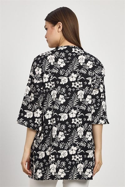 Siyah Çiçek Desen Fakir Kol Kimono 4463A