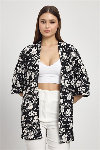 Siyah Çiçek Desen Fakir Kol Kimono 4463A