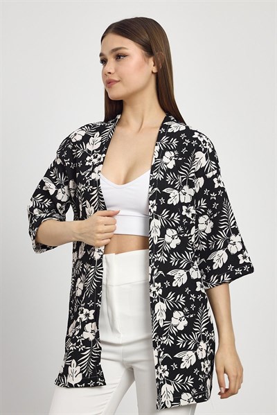 Siyah Çiçek Desen Fakir Kol Kimono 4463A